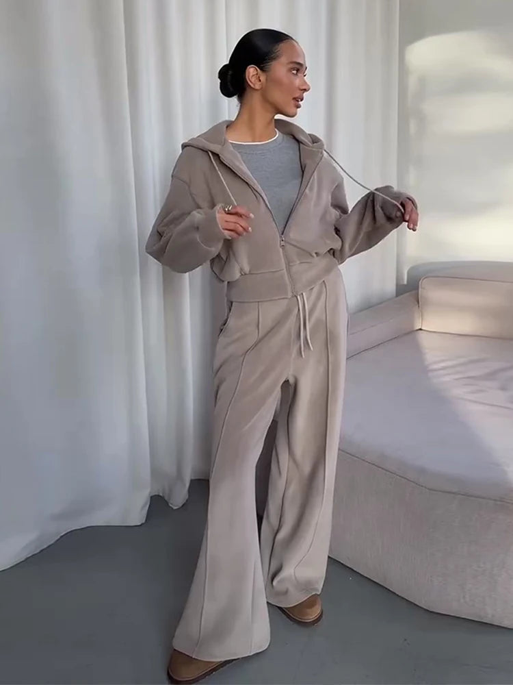 Casual Hooded Coats Long Pants Sets Women's Full Sleeve Draw-string Zipper Tops Wide-leg Trousers 2026 New Ladies Spring Outwear