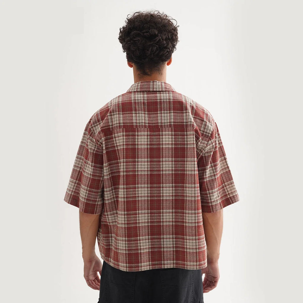 Mens 100% Cotton Short Sleeve Cropped Plaid Shirt for Summer Boxy Fit Button Up Custom Flannel Fashion Street Clothes Unisex