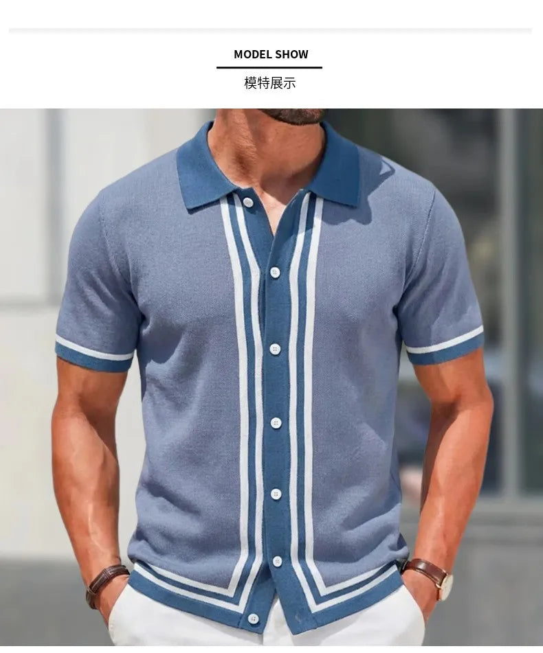 Summer Men Knitted Cardigan Polo Shirts Short Sleeve Striped Jacquarded Business Shirts American Retro Premium Quality Knitwear