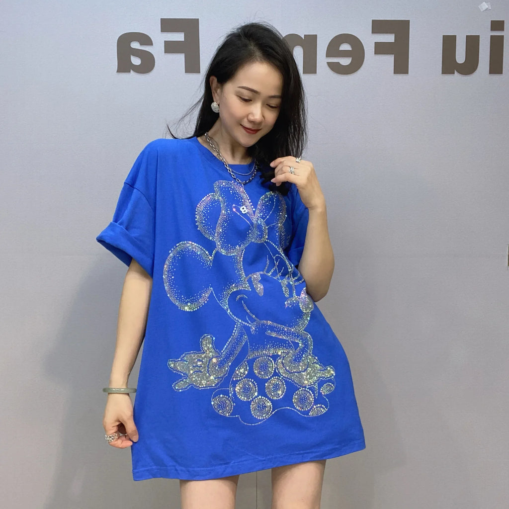 Loose Oversized T Shirt Women Rhinestones Cartoon Pattern Short Sleeve O Neck Pullovers Tops Tee Female Женская Одежда Plus Size