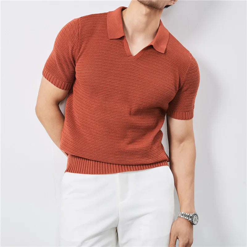 Summer Clothing Men Luxury Knitted Skinny Polo Shirt Men Korean Breathable V Neck Polo Shirts Short Sleeve Knitwear Tops Tees