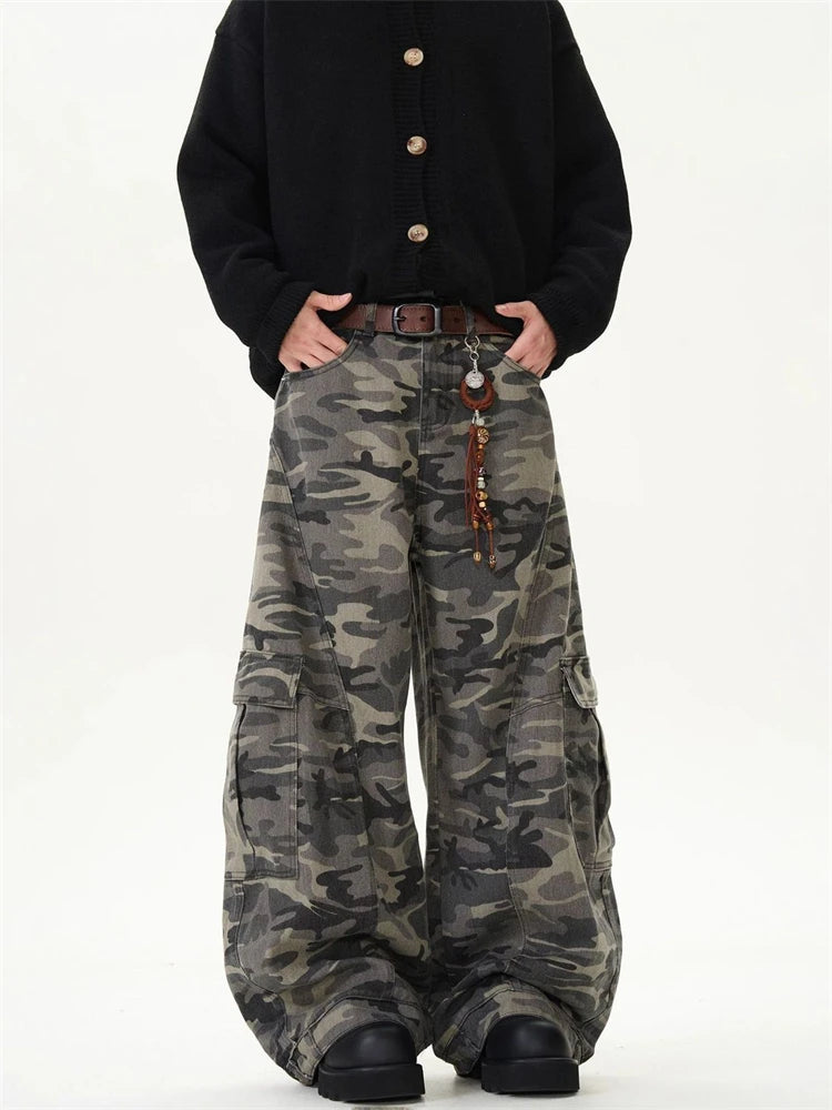 Men's Large Pocket Wide Leg Camouflage Sweatpants Unisex Summer Street Curved Pants Cool Boys Baggy Bottoms Male Loose Trousers