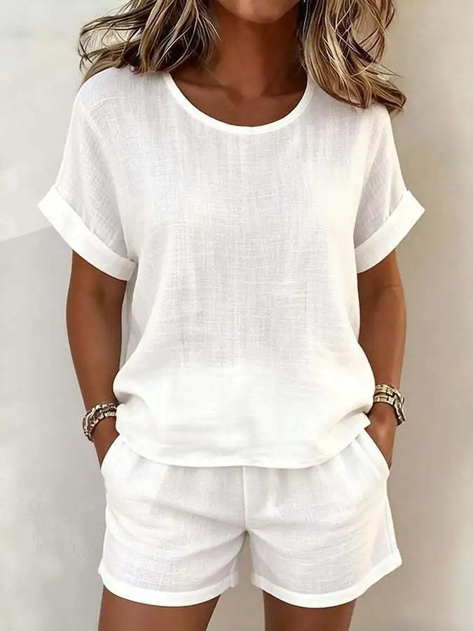 2026 Summer New Women's Solid Color Casual Crew Neck Short Sleeve Top & Shorts 2-Piece Outfit Set