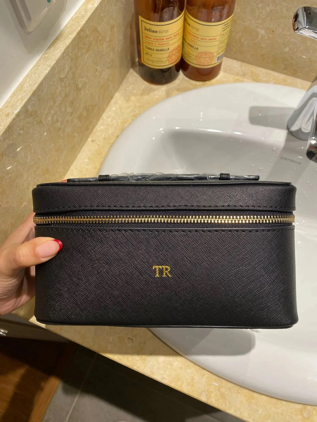 Custom Name Ladies Saffiano Split Leather Travel Toiletry Case Bag Portable Hanging Makeup Organizer Box Cosmetic Bag For Women