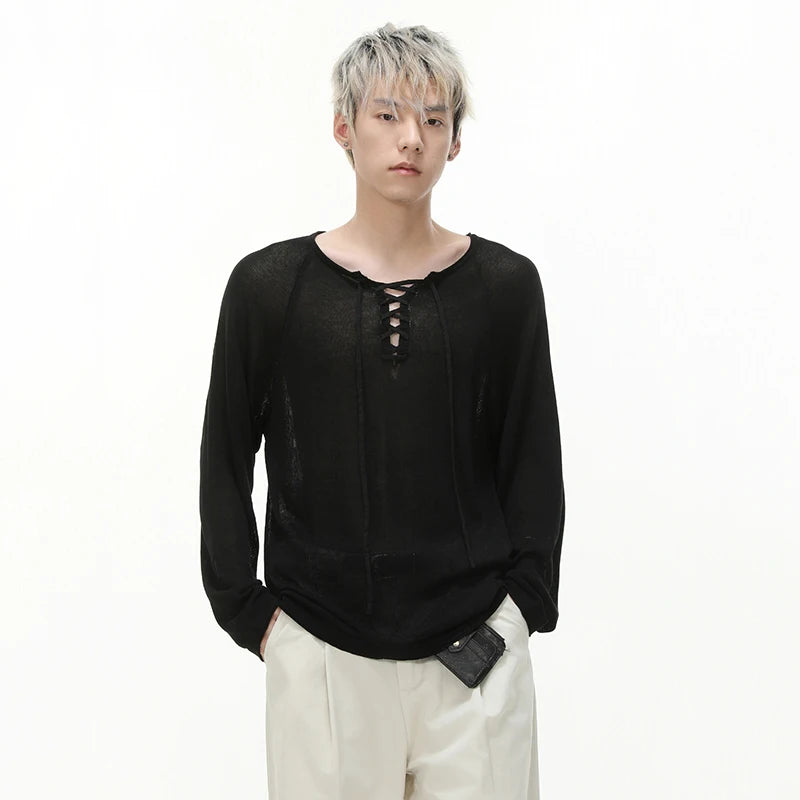 IEFB Niche Design Men's Tees Long Sleeved Round Collar Lace-up Solid Color Simple Tops Loose Pullover Male Tees Autumn 9X533