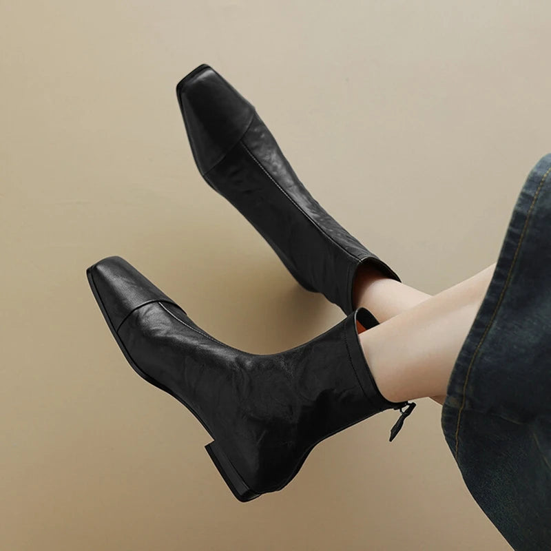 NEW Autumn/Winter Women Boots Square Toe Low Heel Shoes Genuine Leather Shoes for Women Concise Zipper Short Boots Modern Boots
