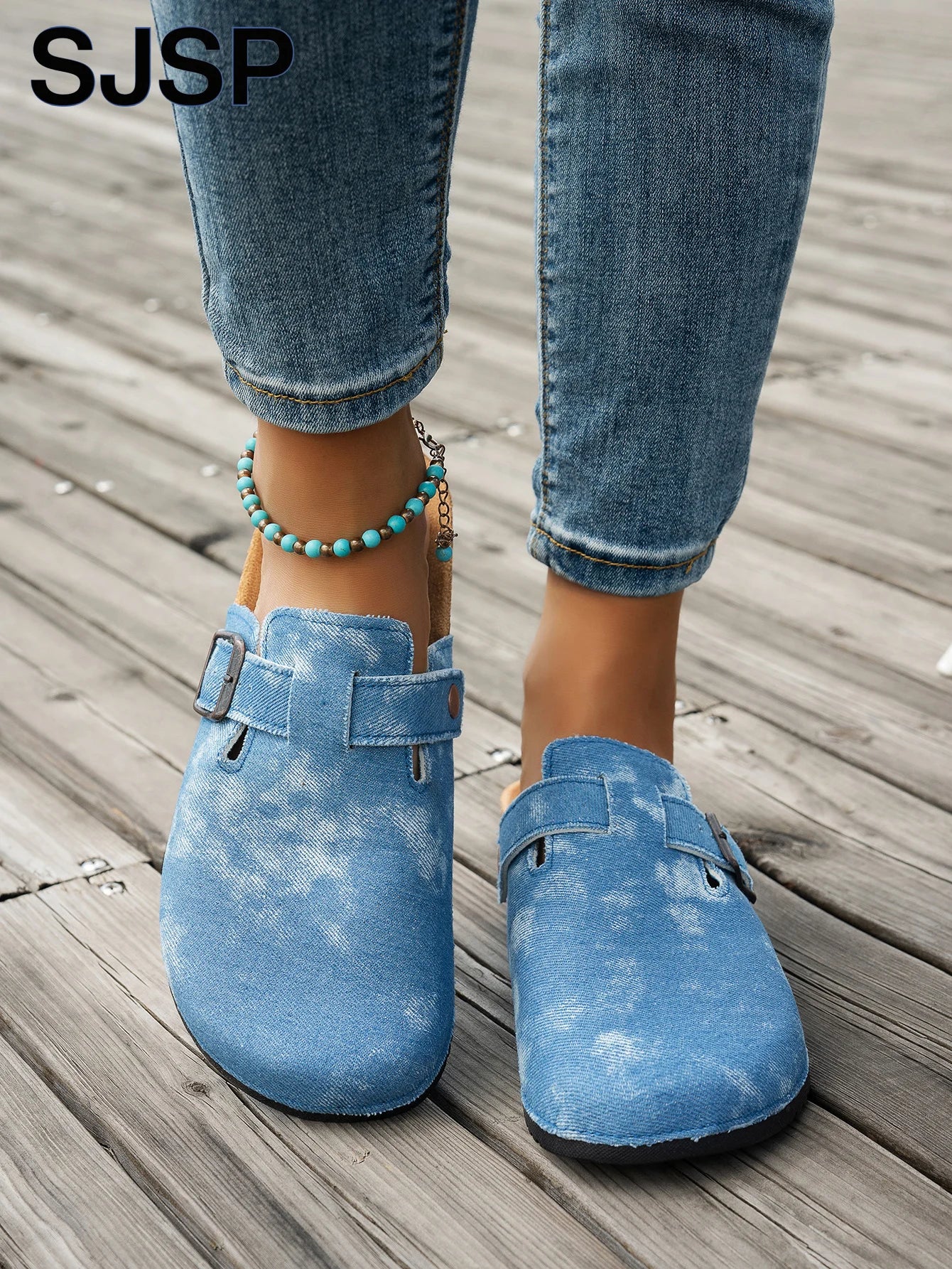 2025 New Model All-Season Autumn and Winter Women's Indoor and Outdoor Non-Slip Fashionable Casual Shoes with Cork Thick Sole, Flat Heel, Half-Covered Toe, Slip-On Slippers, Casual Buckle Slippers Suitable for All Seasons and