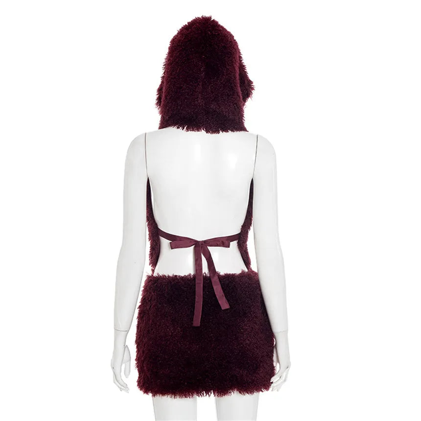 2026 Fall Winter Fashion Faux Fur 2 Piece Set Women Lace Up Backless Hooded Tank Tops + Bodycon Mini Skirts Casual Street Suits