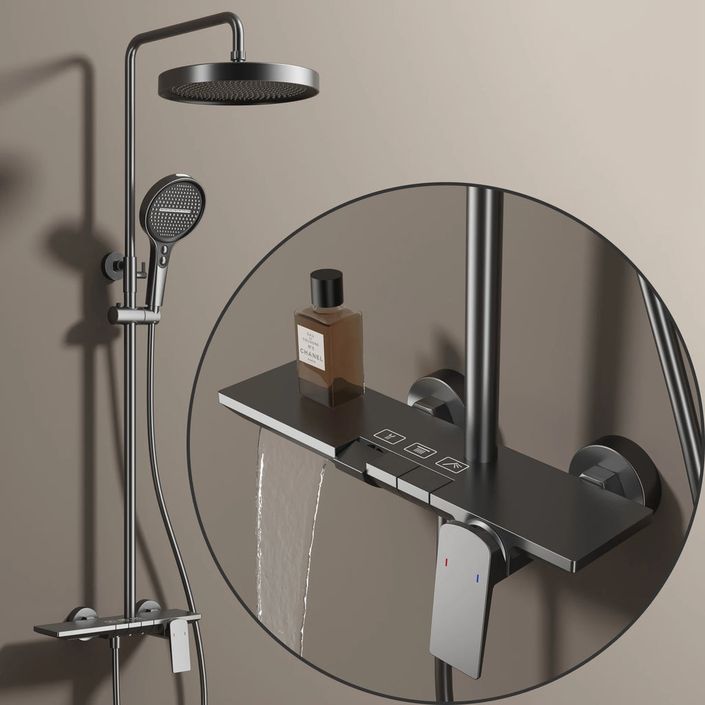 Hot Cold Piano Bathroom Shower System Set Brushed Rose Gold Waterfall Bathroom Faucet Rainfall Piano Bathroom Shower Set