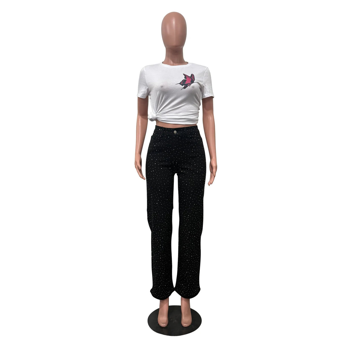 Women's Outfit Featuring Diamond-studded Washed Denim Pants Women's High-waisted Straight-leg Pants, and "hot Girl" Style Pants.