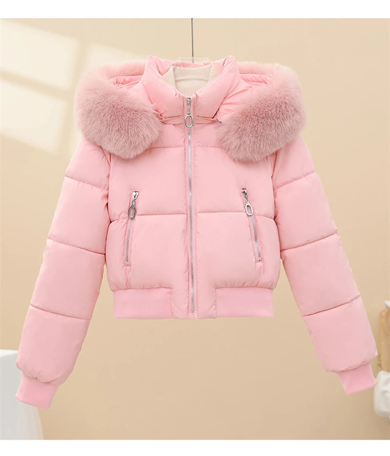 Short Cotton Jackets Long Sleeve Loose Hooded Short Women's Parka Coats Big Fur Collar Winter Down Cotton Padded Coats 2025 New