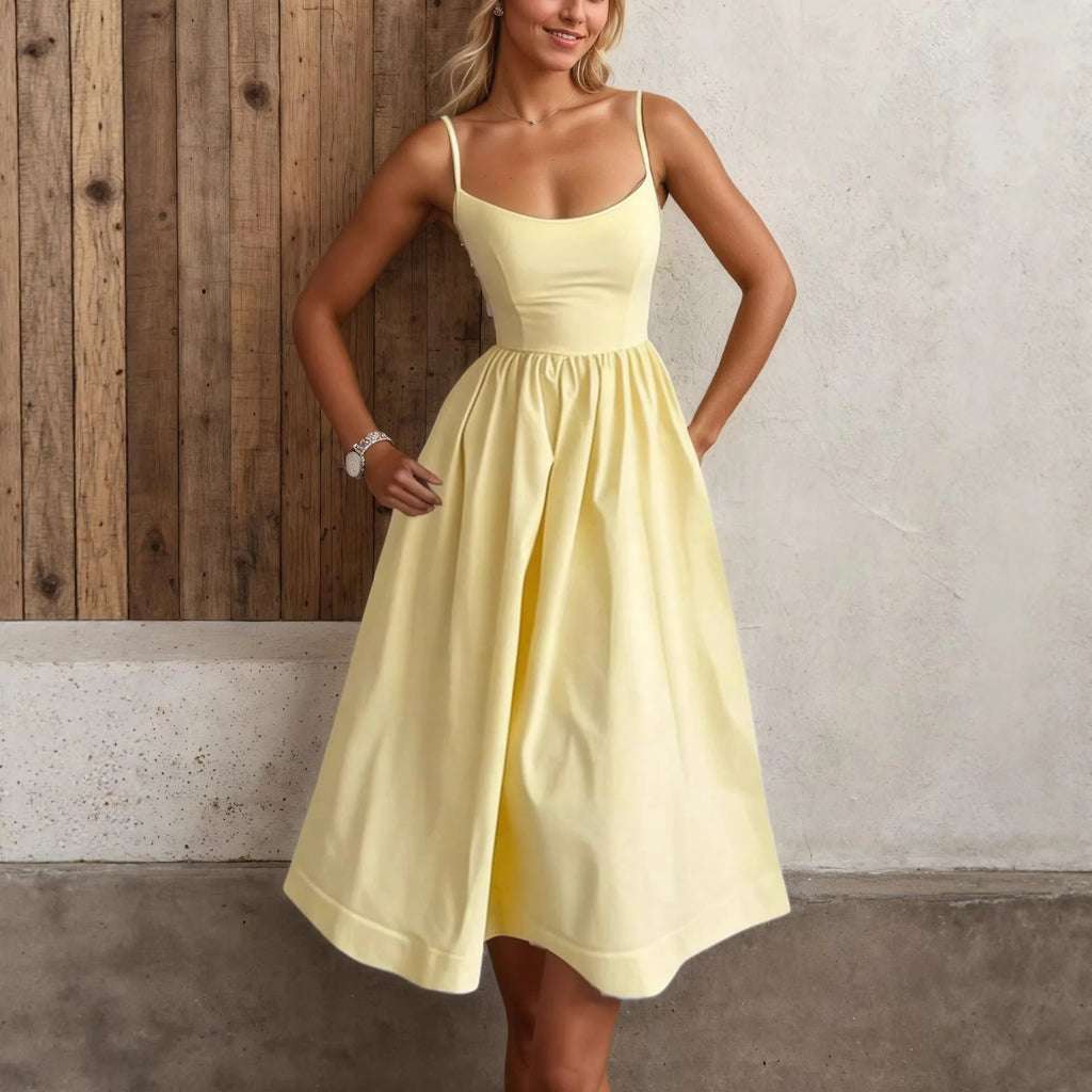 French Solid Spaghetti Strap U-Neck Gathered Waist Swing Midi Dress, High Waist Hip-Cover Slimming Vacation Cami Dress
