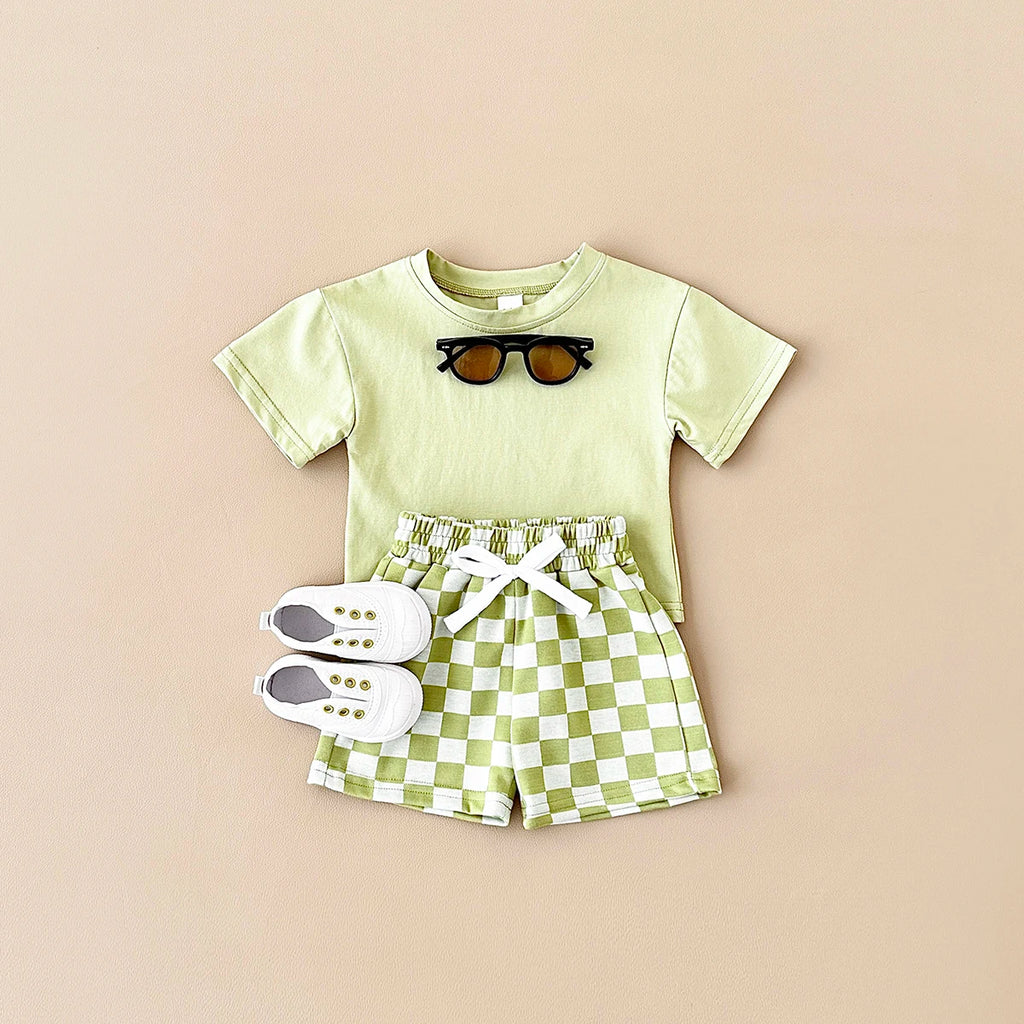 2PCS Kids Clothes Baby Boys Girls Solid Color Short Sleeve T-shirt Plaid Pattern Shorts Sets Baby Clothing Sets 0-3Y
