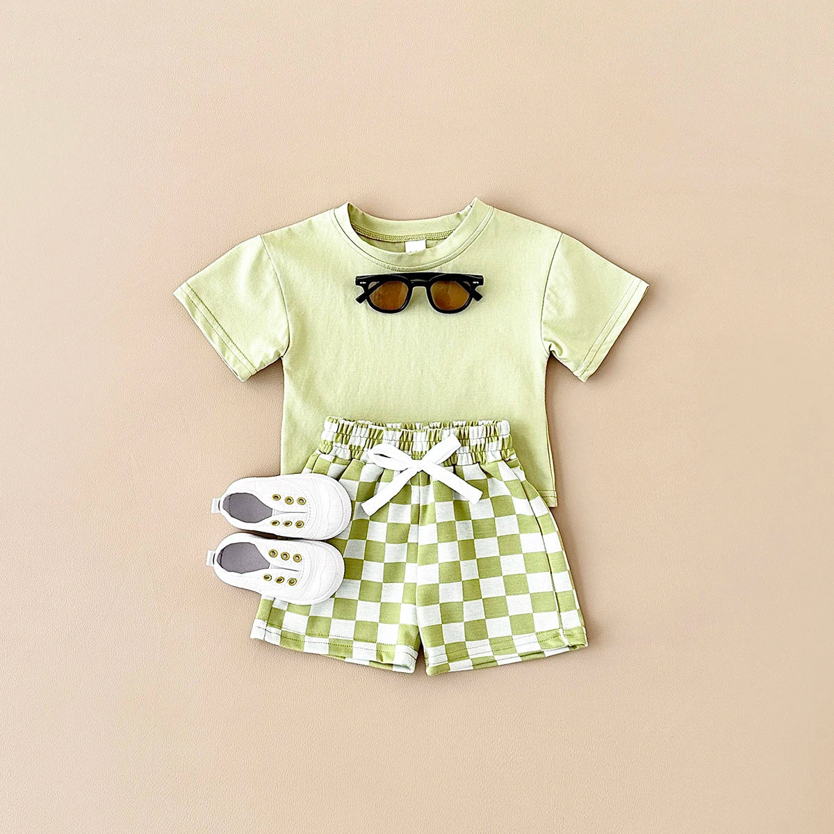 2PCS Kids Clothes Baby Boys Girls Solid Color Short Sleeve T-shirt Plaid Pattern Shorts Sets Baby Clothing Sets 0-3Y