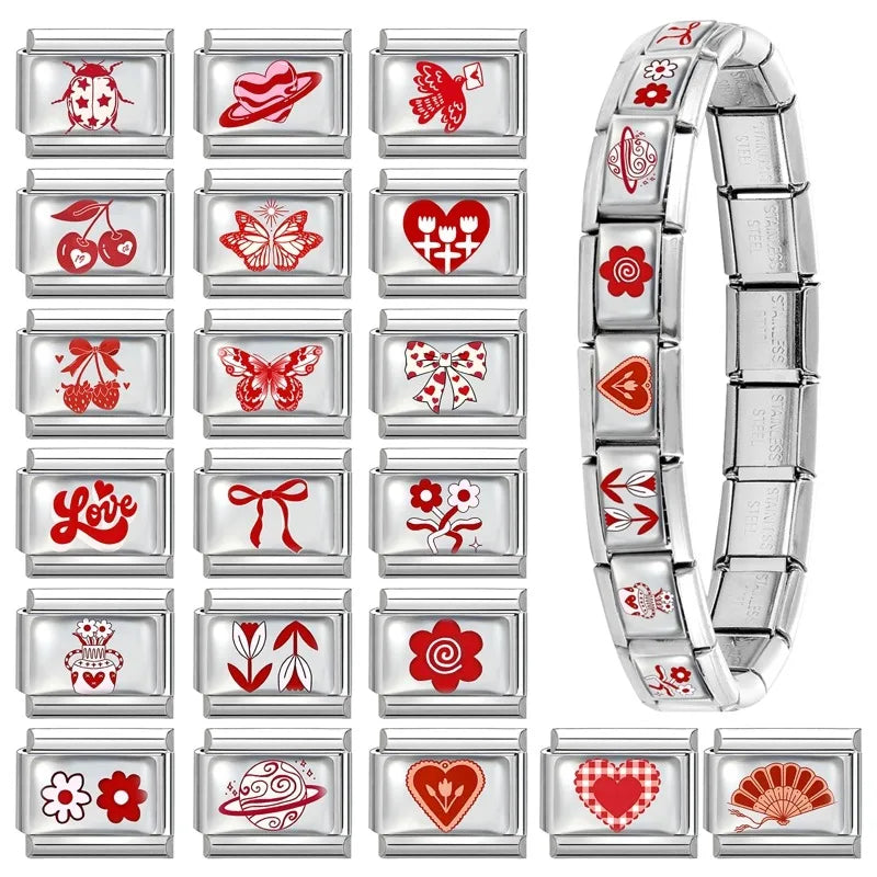Fashion Red Series Heart Flower Bowknot Cherry Women Men Charm Link fit 9mm Stainless Steel Italian Bracelet Making DIY Jewelry
