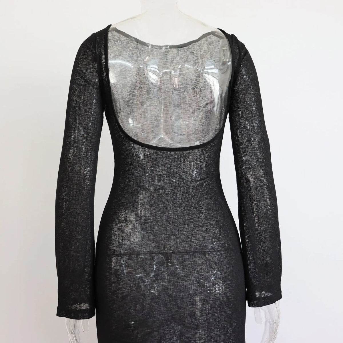 Women Summer Mesh Wrapped Dress Long Sleeve Round Neck See Through Sunscreen Solid Color Backless Beach Long Dress