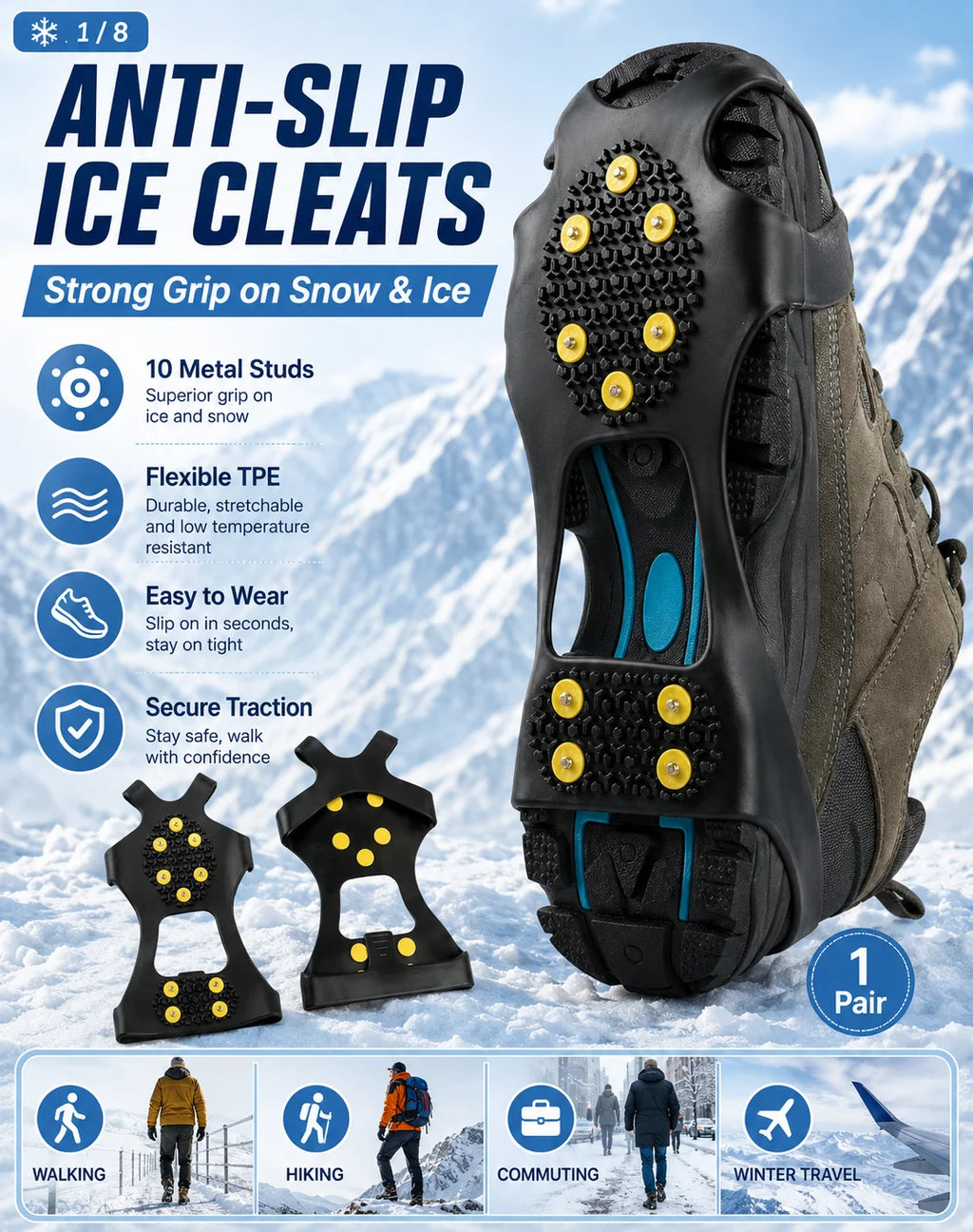 Anti Slip Ice Cleats Shoe Covers 10 Stud Snow Grips Winter Traction Crampons for Boots Hiking Walking Outdoor Safety Gear Unisex