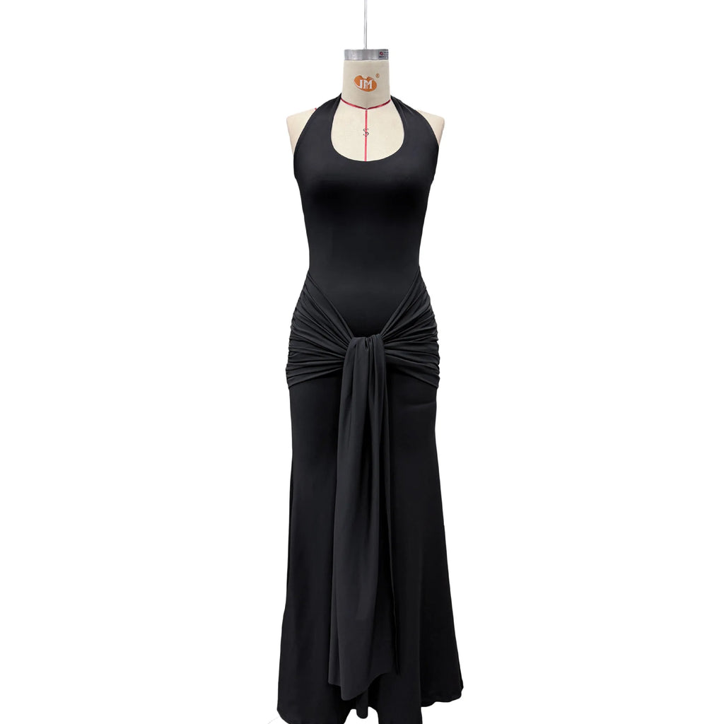 Stylish Lady Elegant Halter Neck Maxi Dress 2026 Summer Women White U-Neck Ruched Draped Sleeveless Bodycon Formal Party Dress