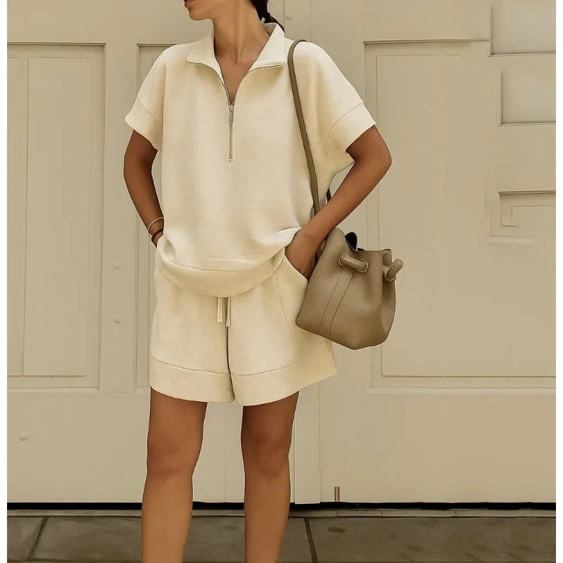 2026 Summer New Long-sleeved Shorts Sweater Set Solid Color Fashion Casual Short 2-piece Set