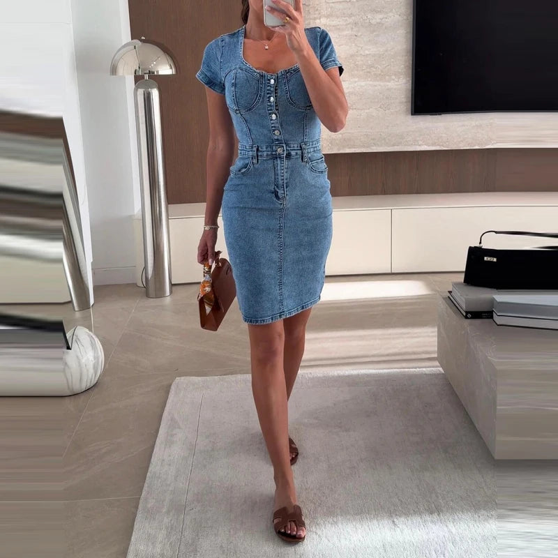 Casual Short Sleeved Button High Waist Summer Dress Fashion Pocket Solid Denim Dresses Office Lady Square Neck Slim A-line Dress