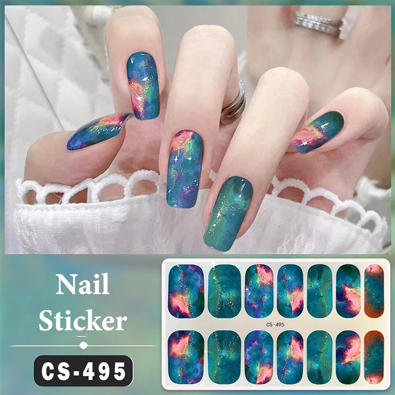 No Baking Lamp Waterproof Nail Wraps Full Cover Nail Stickers Firm And Not Easy To Fall Off 14 Nails/Set Multi Color Nail Patch