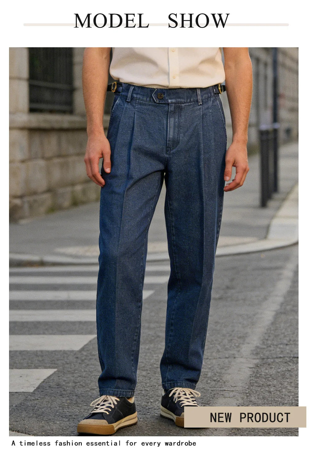 026 Spring Summer Men's Denim Look Woven Trousers, Neapolitan Double Pleat  High Waist Straight Leg Business Dress Pants