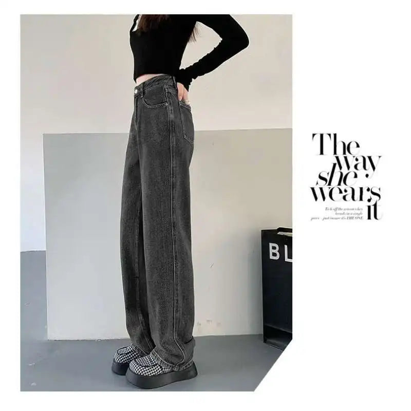 Woman Vintage Wide Leg Jeans Girls High Waist Pants Female Fashion Black Black Grey Retro Blue Light Blue Pink Denim Trousers