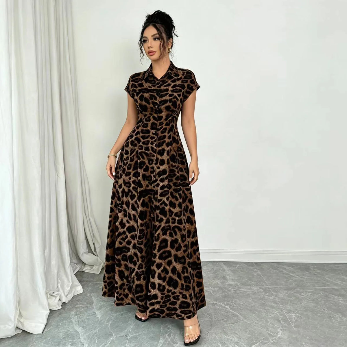 Women's Elegant Leopard Print Lapel Short-Sleeve Waist-Cinched Button Dress