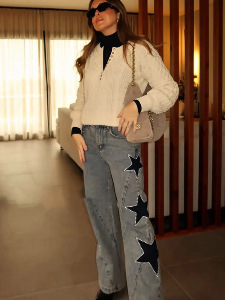 Women Blue Wide Leg Jeans Lady High Waist Star Patchwork Denim Pants Loose Fit Straight Leg Trousers 2026 New Casual Street Wear