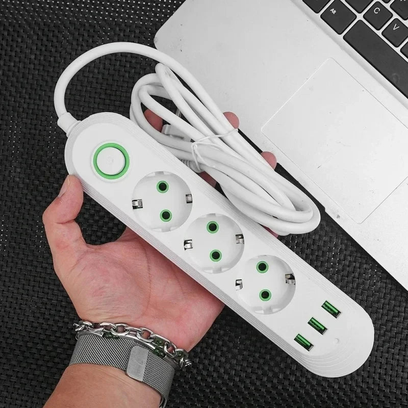 EU Plug AC Outlet 2500W Multiports Power Strip AC Outlet with 3USB Port 2m Extension Cable Round Pin Electrical Charger Adapter
