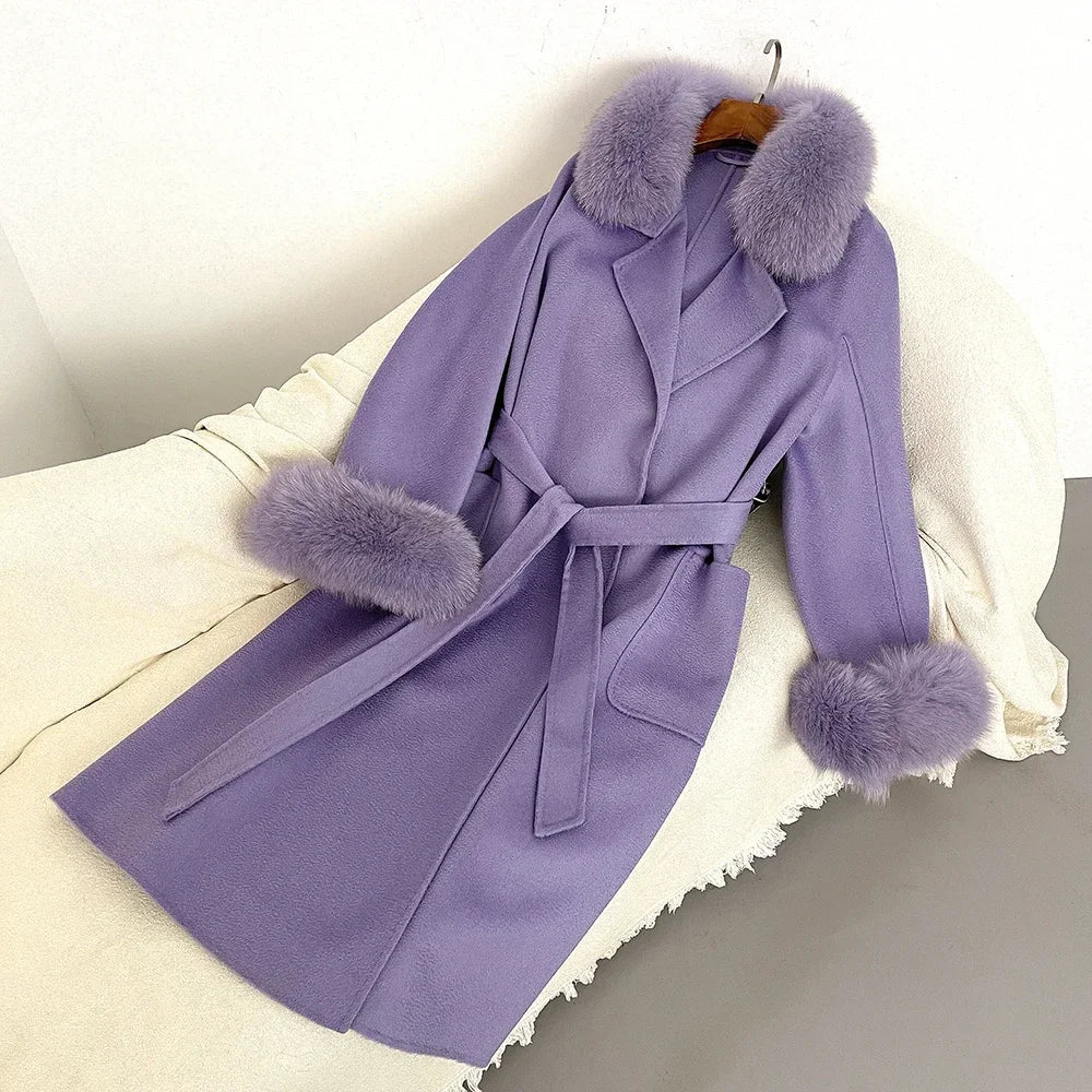 Fox Fur Coat for Women Wool Woolen Natural Real Fox Fur Collar Winter Jacket Ladies Belt Warm Outerwear Streetwear 2024