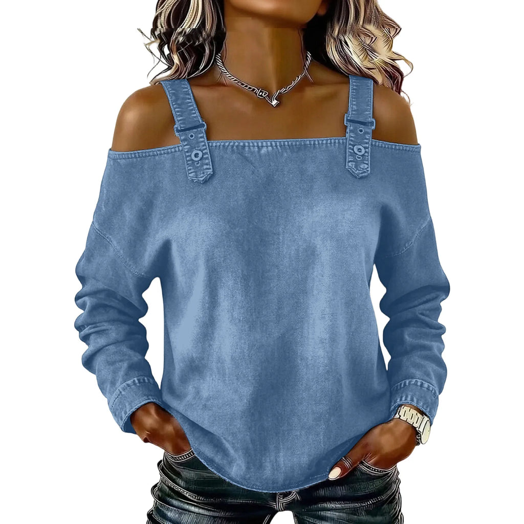 Women's Denim Top, Stylish Off-the-shoulder Long-sleeved Top with Shoulder Straps, Elegant and Versatile Denim Shirt, Streetwea