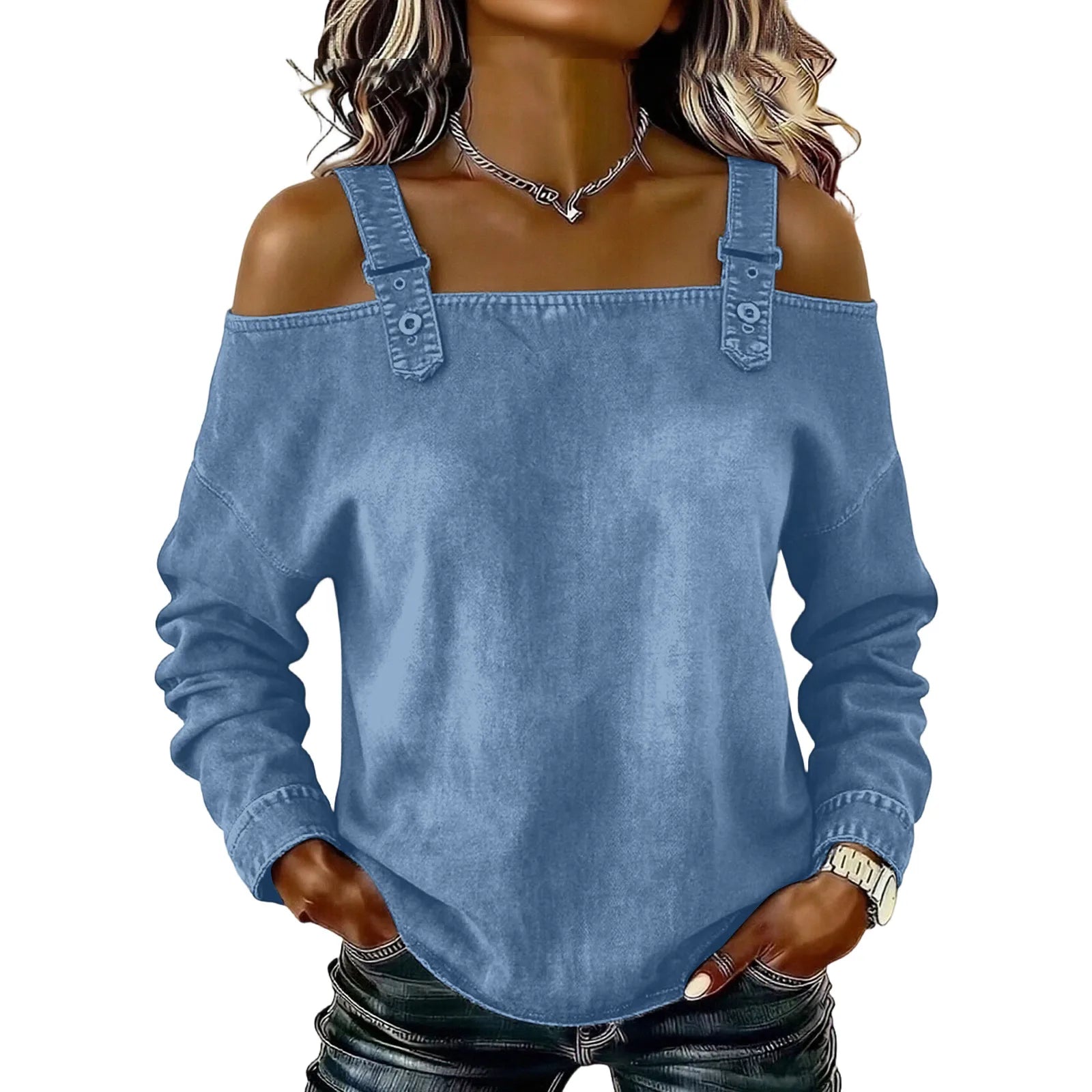 Women's Denim Top, Stylish Off-the-shoulder Long-sleeved Top with Shoulder Straps, Elegant and Versatile Denim Shirt, Streetwea