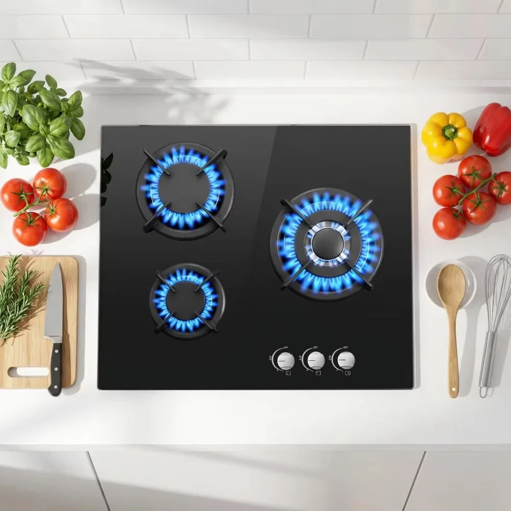 3 Burner Built-in Gas Hob 60cm Black Tempered Glass LPG Gas Cooktop with Timer Knob Control Kitchen Stove