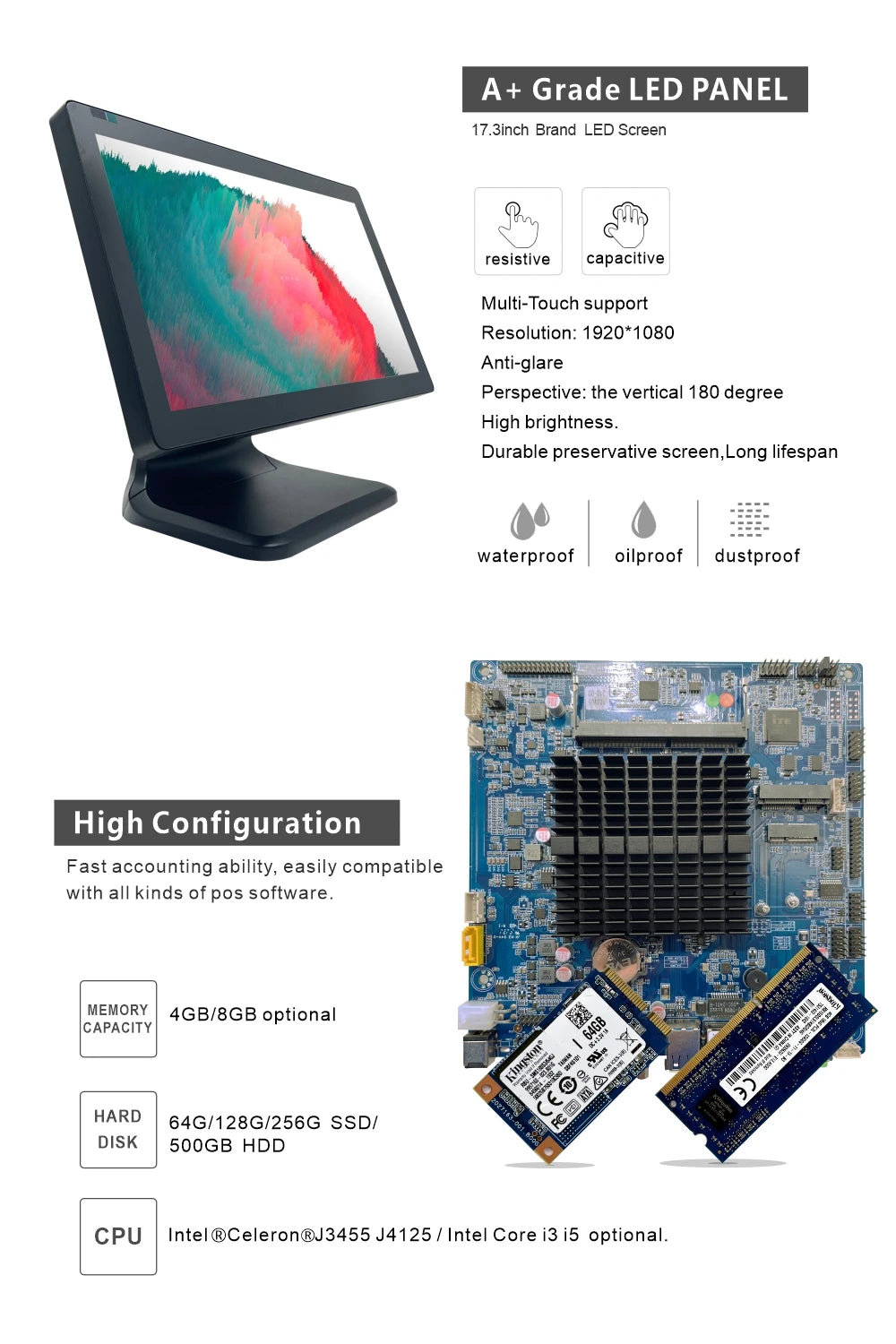 2026 Manufacturer Supply 1920*1080 16:9 17.3inch Touch Screen POS Cash Register Aluminum POS System Machine