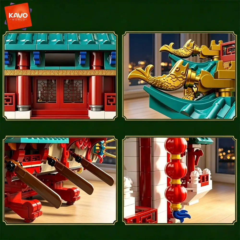 KAVOWORLD 2453pcs Dragon Boat Building Blocks Festival Chinese Ancient Pavilion Ship Display Model with LED Light Traditional DIY Loong Vessel Brick Assembly Puzzle Set Home Ornament Architecture MOC Construction Kit Hallowee