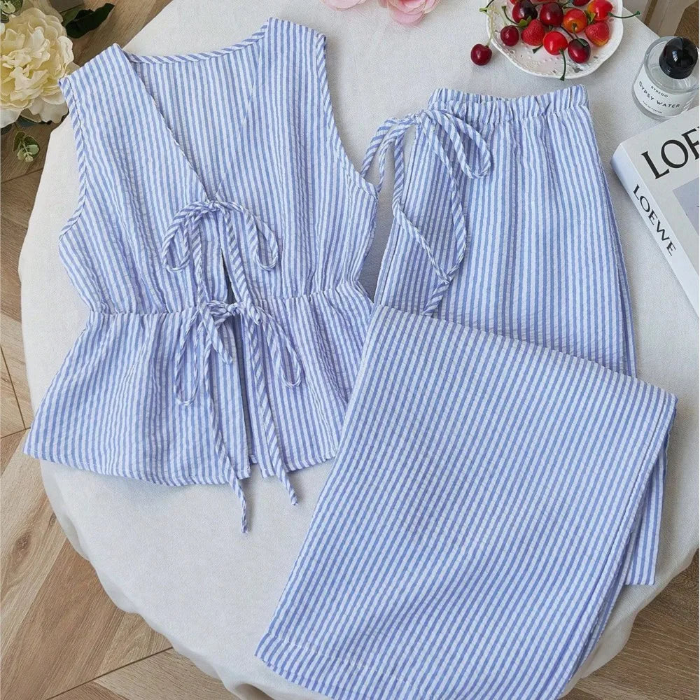 Striped New Two Piece Set Summer V Neck Lace Up Sleeveless Blouse High Waist Wide Leg Pants Sets  Casual Solid Women Sets