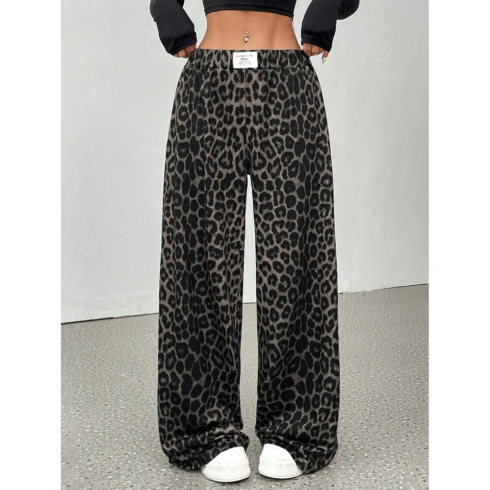 GG Women Leopard Print Wide Leg Pants Elastic High Waist Loose Casual Trousers Streetwear Y2K Fashion Long Palazzo Pants