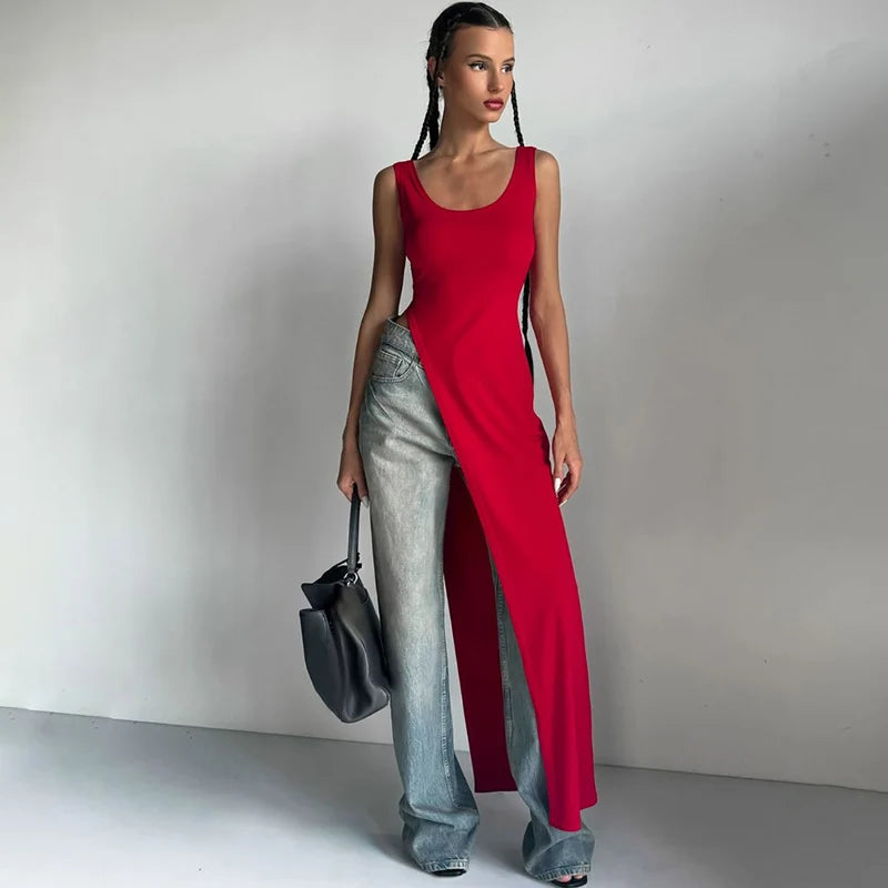 Sexy Sleeveless Side High Split Midi Dress Backless Women's Summer Party Club Streetwear Y2K Style Solid Color