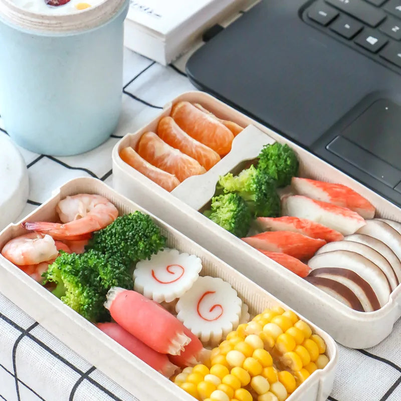 Wheat Straw Lunch Box ，Stackable Bento Box Microwave Dinnerware Food Storage Container with Spoon Fork For Student Work，2 Layer