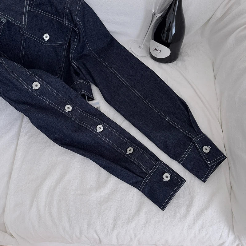 Vintage Wash Denim 2 Piece Sets Women Long Sleeve Crop Top Zipper Jacket and A-Line Mini Skirts Suits Streetwear Jeans Outfits