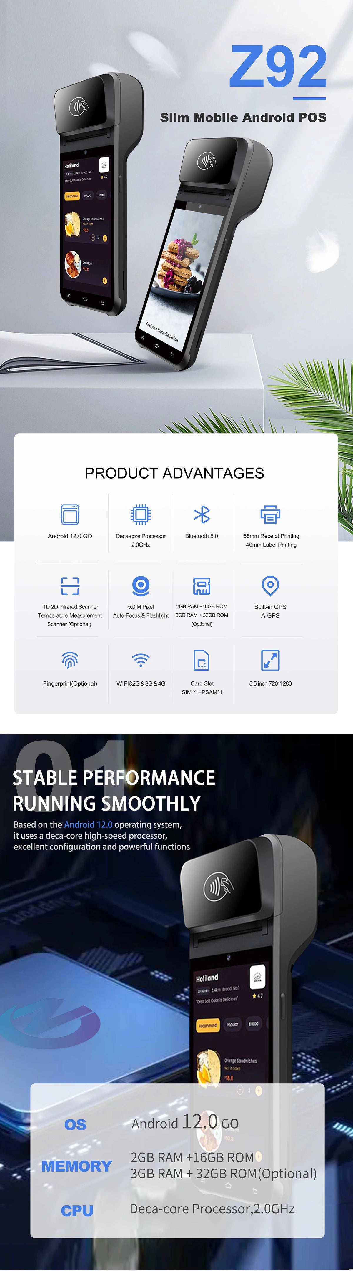 5.5-inch Touch Screen Cash Register Android 13 POS Terminal Machine with Barcode Scanner NFC Reader 58mm Thermal Receipt Printer