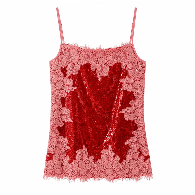 Sexy Sequin Lace Trim Patchwork Short Dress Women V Neck Sleeveless High Waist Mini Sling Dresses 2026 Summer Vacation Lady Robe