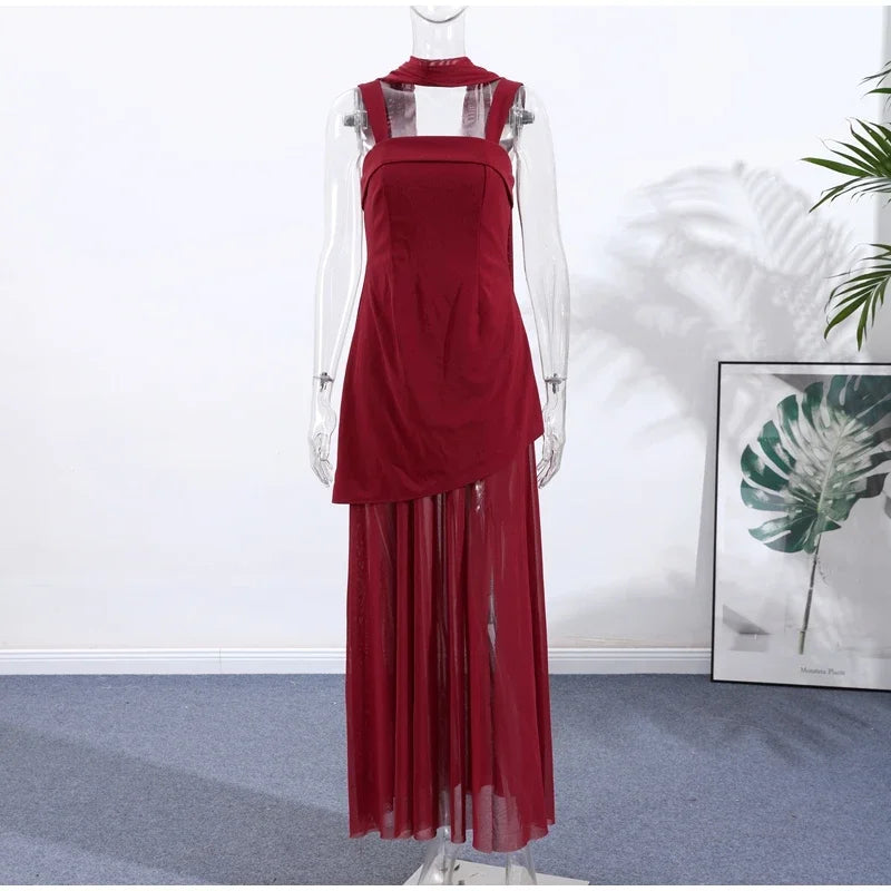 Boho Chic Elegant Mesh Patchwork Sling Dress Sexy Loose Sleeveless Split Scarf Long Dress Female 2026 New Party Evening Dresses