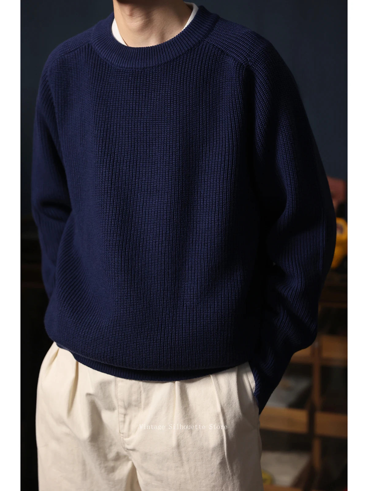 Classic Raglan Sleeve Crewneck Sweater Vintage Style Men's Wool Blend Knitted Pullover Jumper Thick