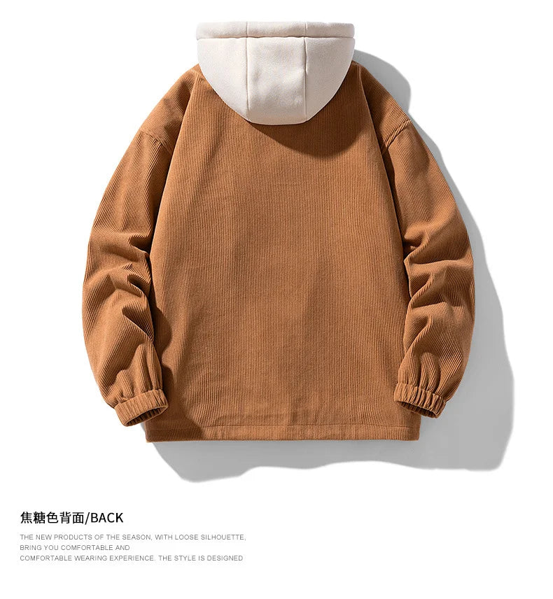 2025 New Corduroy Jacket Men's Harajuku Japanese Windproof Warm Fake Two-piece Hooded Coat Womens Casual Loose Pocket Jacket 4XL