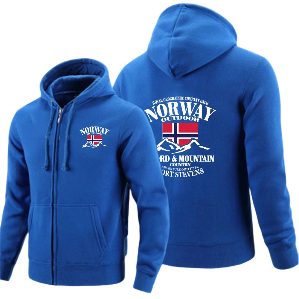 2025 New Spring And Autumn Norway Flag Fjord Mountain Men's Solid Color Zipper Pullover Warm Long-sleeved Comfortable Caot
