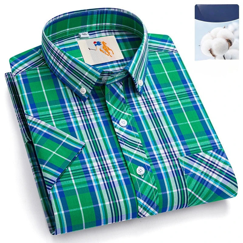 Fashion Korean Plus Size 8XL 100%Cotton Short Sleeve Shirts for Men Slim Fit Formal Plain Shirt Plaid Hawaiian Shirt Casual Top