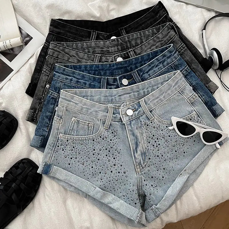 Retro Fashion Rhinestone Denim Shorts Women Pink Summer New A-Line Wide Leg Jeans Ultra Short For Hot Girls Bottoms