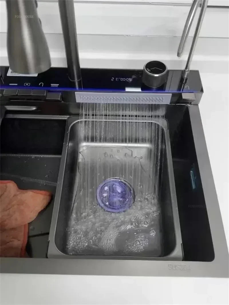 304 Stainless Steel Kitchen Sinks Large Single Bowl Nano Embossed Wash Basin Digital Display Modern Home Station